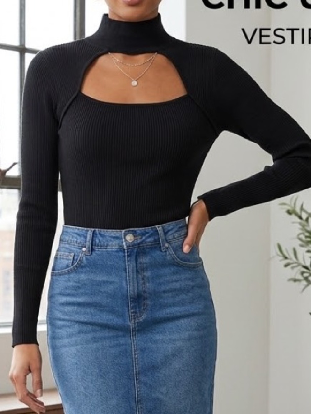 Forever 21 Black Ribbed Cutout Mock Neck Top